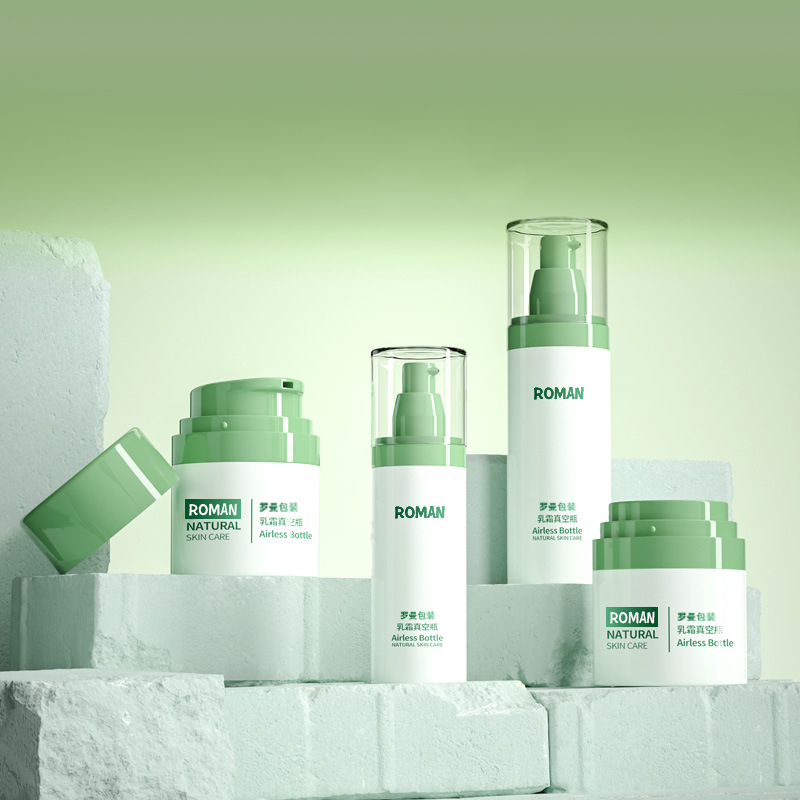 Ambalaj cosmetice din plastic Flacon cremă facială 30 ml 50 ml 80 ml Set sticle verde cu pompă fără aer cu galvanizare pentru sticla cu ser anti-îmbătrânire