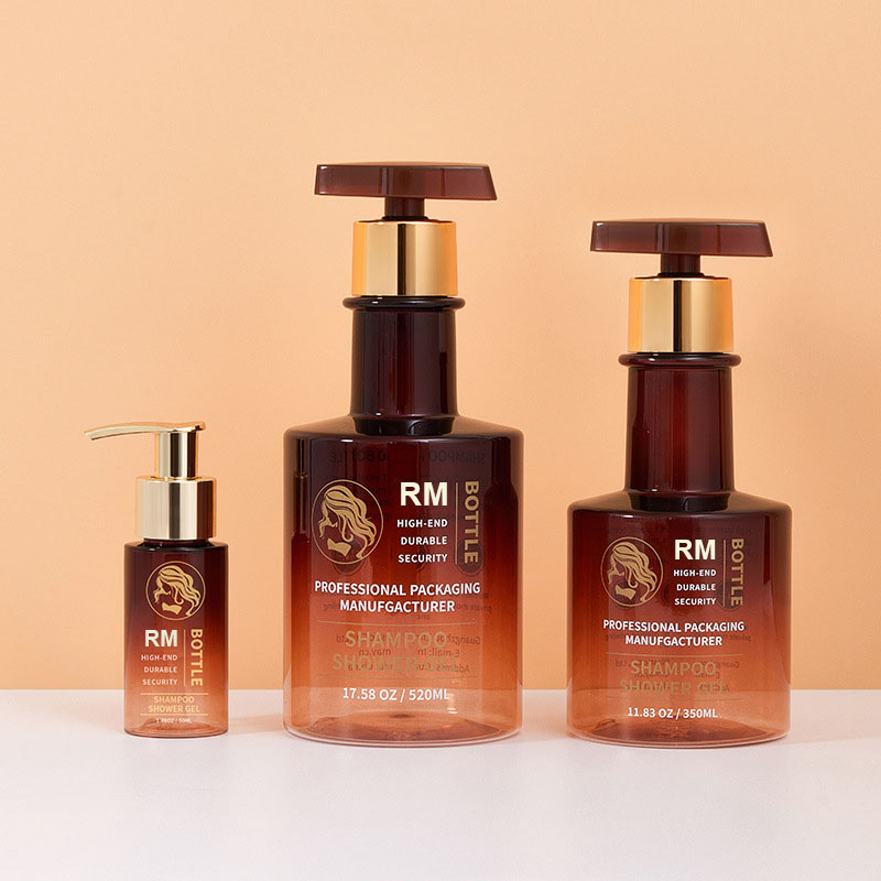 Probă gratuită Chihlimbar Negru Aur Flacon de șampon cu gât lung Flacon goală pentru spălarea mâinilor Sticle din plastic pentru loțiune de corp Pompă 300ml 500ml