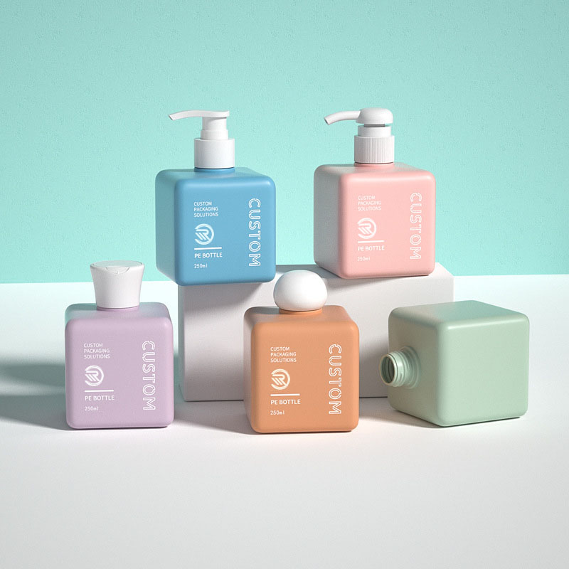Șampon pătrat din plastic PET reciclat popular pentru îngrijirea pielii, unt de corp, sticle cu ulei, dimensiuni 150 ml, 200 ml, 250 ml, cu serigrafie